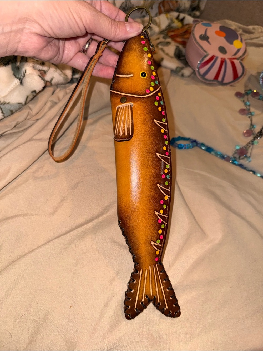 Leather Fish Wristlet Pen pouch- Brown